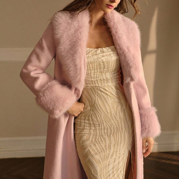 Pink Elegant Women's Contrast Fuzzy Trim Long Coat - Picture 3 of 8